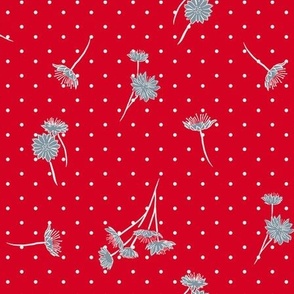 Vintage Inspired Floral and Polka Dot in Retro Red and Grey Blue