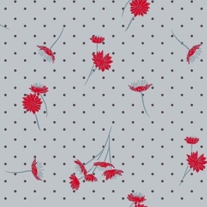 Vintage Inspired Floral and Polka Dot in Retro Red and Grey Blue