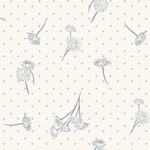 Vintage Inspired Floral and Polka Dot in Creamy Ivory and Soft Dusty Blue Grey