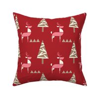 Scandinavian Reindeer in woodland- Abstract Geometric Doe with Christmas Trees- Pink and Ivory with Neutrals on Red- Regular Scale