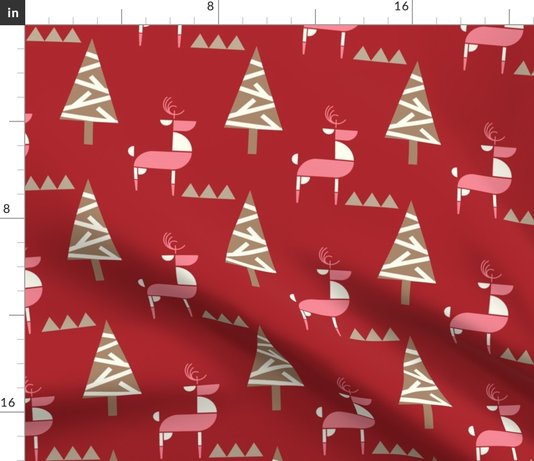 Scandinavian Reindeer in woodland- Abstract Geometric Doe with Christmas Trees- Pink and Ivory with Neutrals on Red- Regular Scale