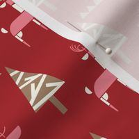 Scandinavian Reindeer in woodland- Abstract Geometric Doe with Christmas Trees- Pink and Ivory with Neutrals on Red- Small Scale