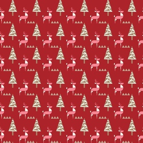 Scandinavian Reindeer in woodland- Abstract Geometric Doe with Christmas Trees- Pink and Ivory with Neutrals on Red- Small Scale