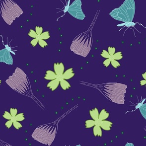 Pretty tropical flowers and butterflies - night blue