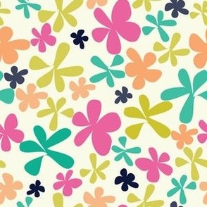 Mint Mustard Indigo and Fuchsia Flowers Tossed on Off White 6in x 6in