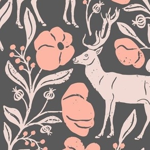 Mountain Aven Flowers and Deer in Dark Gray and Pink in a Canadian Meadow  | Medium Version | Bohemian Style Pattern in the Woodlands