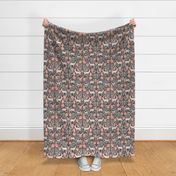 Mountain Aven Flowers and Deer in Dark Gray and Pink in a Canadian Meadow  | Small Version | Bohemian Style Pattern in the Woodlands