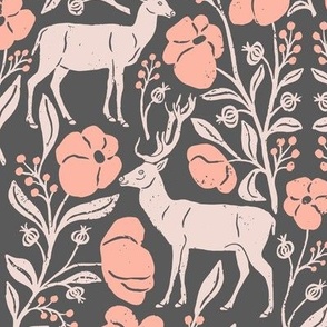 Mountain Aven Flowers and Deer in Dark Gray and Pink in a Canadian Meadow  | Small Version | Bohemian Style Pattern in the Woodlands