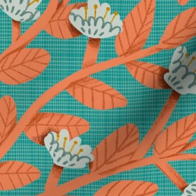 Coral-Orange and Teal - Sweet Garden - Large - Dainty Flowers Collection