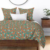 Coral-Orange and Teal - Sweet Garden - Large - Dainty Flowers Collection
