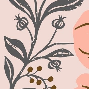 Mountain Aven Flowers and Deer in Pink and Gray in a Canadian Meadow  | Large Version | Bohemian Style Pattern in the Woodlands