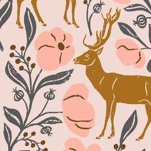 Mountain Aven Flowers and Deer in Pink and Gray in a Canadian Meadow  | Medium Version | Bohemian Style Pattern in the Woodlands