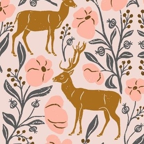 Mountain Aven Flowers and Deer in Pink and Gray in a Canadian Meadow  | Small Version | Bohemian Style Pattern in the Woodlands