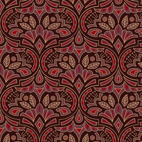 (L) French Country Medallion Ogee Maximalist Burgundy and Gold Modern Damask