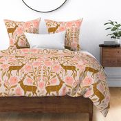 Mountain Aven Flowers and Deer in Red and Pink  in a Canadian Meadow  | Large Version | Bohemian Style Pattern in the Woodlands