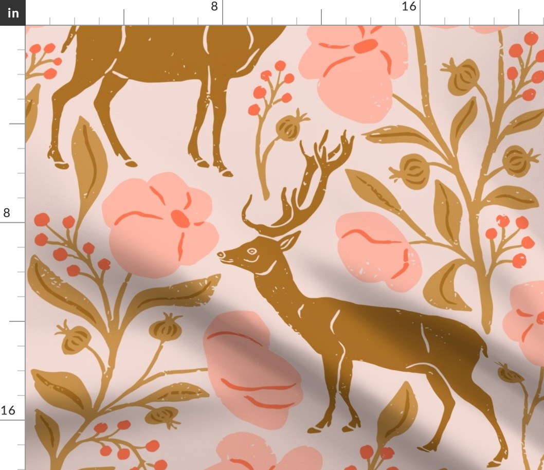 Mountain Aven Flowers and Deer in Red and Pink  in a Canadian Meadow  | Large Version | Bohemian Style Pattern in the Woodlands