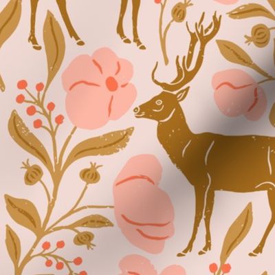 Mountain Aven Flowers and Deer in Red and Pink  in a Canadian Meadow  | Medium Version | Bohemian Style Pattern in the Woodlands