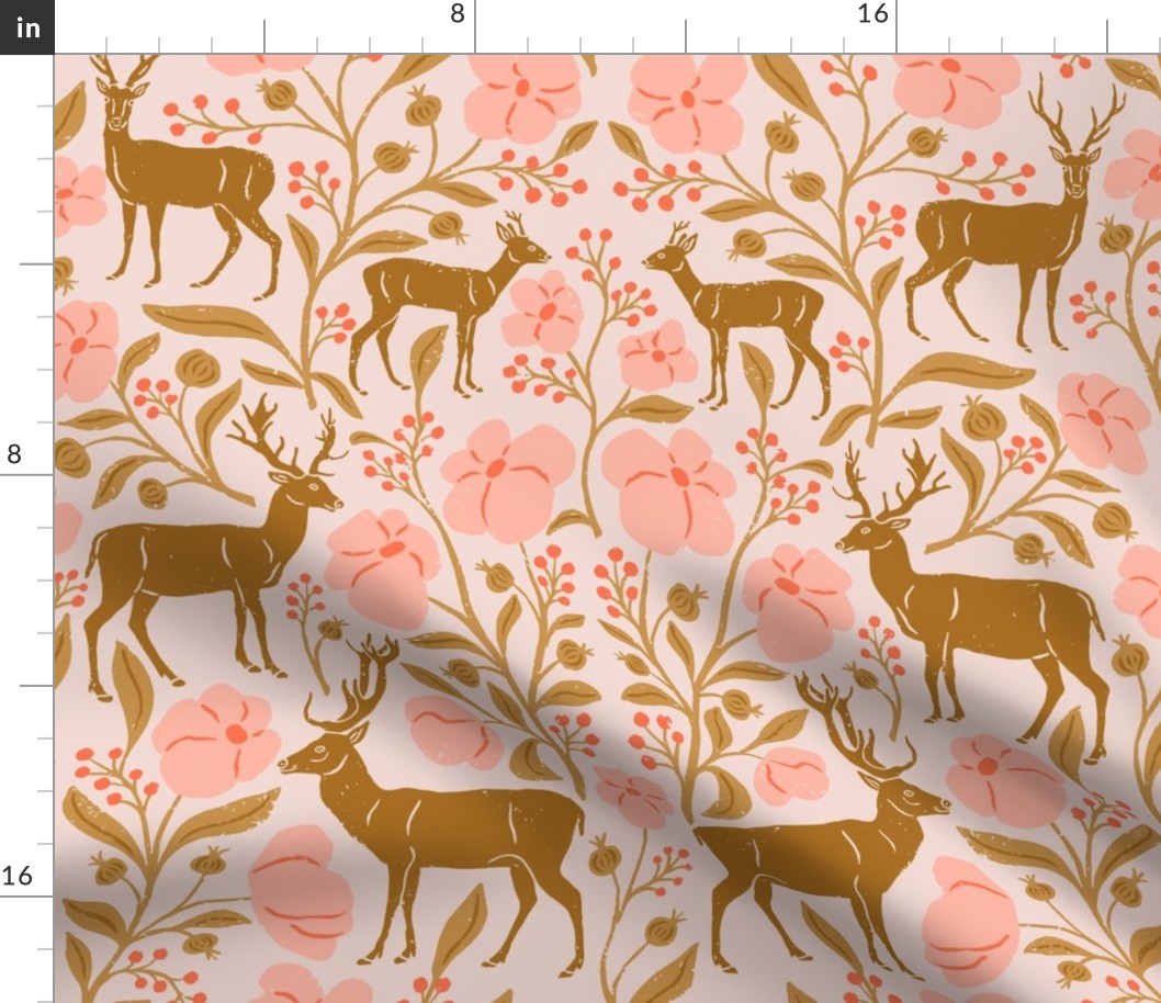 Mountain Aven Flowers and Deer in Red and Pink  in a Canadian Meadow  | Medium Version | Bohemian Style Pattern in the Woodlands