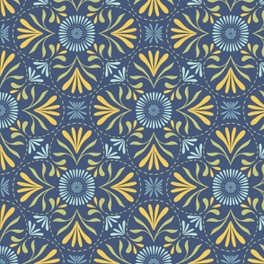 Dark blue geometric tiles. Organic floral minimalist home decor. 