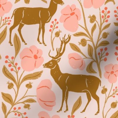 Mountain Aven Flowers and Deer in Red and Pink  in a Canadian Meadow  | Small Version | Bohemian Style Pattern in the Woodlands
