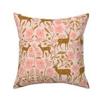 Mountain Aven Flowers and Deer in Red and Pink  in a Canadian Meadow  | Small Version | Bohemian Style Pattern in the Woodlands