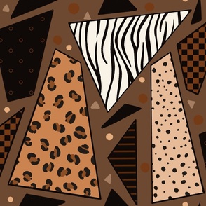 90s animal print blocks patchwork. Leopard print, zebra print, dots and check. Brown, toffee, black, white.