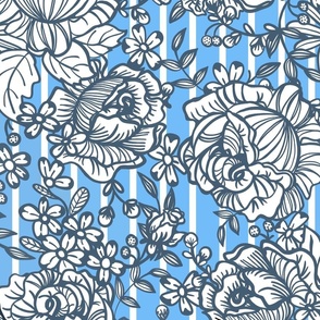 White Roses on Blue and White Stripe (large scale)