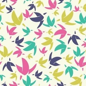 Mint Mustard Indigo and Fuchsia Birds Tossed on Off White 6in x 6in