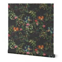 Vintage Birds of Paradise in the Nostalgic Tropical Flower Greenery Jungle - black  large scale wallpaper