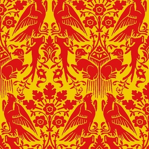 Hounds and Eagles, red on yellow