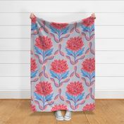 Pink color pops of graphical peony flowers on textured soft blue backdrop - large