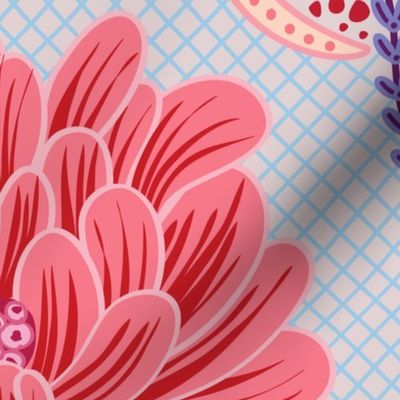 Pink color pops of graphical peony flowers on textured soft blue backdrop - large