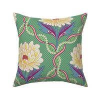 Contrasting decorative trellis pattern with Pink peony flowers on dark green - large