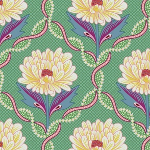 Contrasting decorative trellis pattern with Pink peony flowers on dark green - large