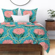 Pink and blue decorative trellis pattern with graphical peony flowers - large