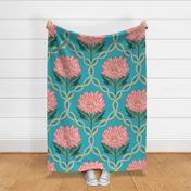 Pink and blue decorative trellis pattern with graphical peony flowers - large