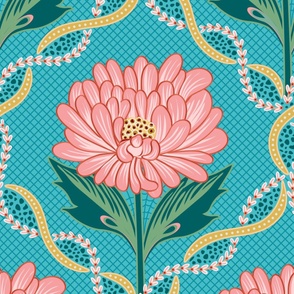 Pink and blue decorative trellis pattern with graphical peony flowers - large