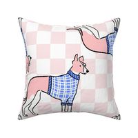 Large - Greyhound with blue sweater on pink and white checkerboard - English Greyhound - racing dog - hunting dog - Pets Dogs - dog check