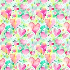 Pink Watercolor Hearts on Green (Small Scale)