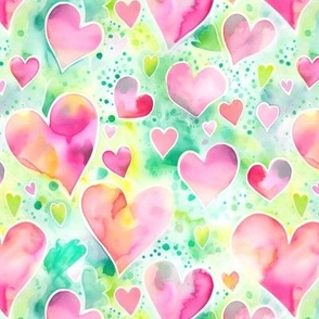Pink Watercolor Hearts on Green (Medium Scale)
