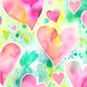 Pink Watercolor Hearts on Green (Large Scale)