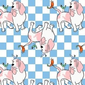 Small - Funny Basset Hound with birds on light blue and white checkerboard - Pets Dogs - dog check