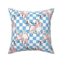 Medium - Funny Basset Hound with birds on light blue and white checkerboard - Pets Dogs - dog check