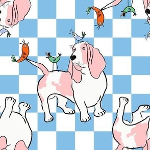 Medium - Funny Basset Hound with birds on light blue and white checkerboard - Pets Dogs - dog check