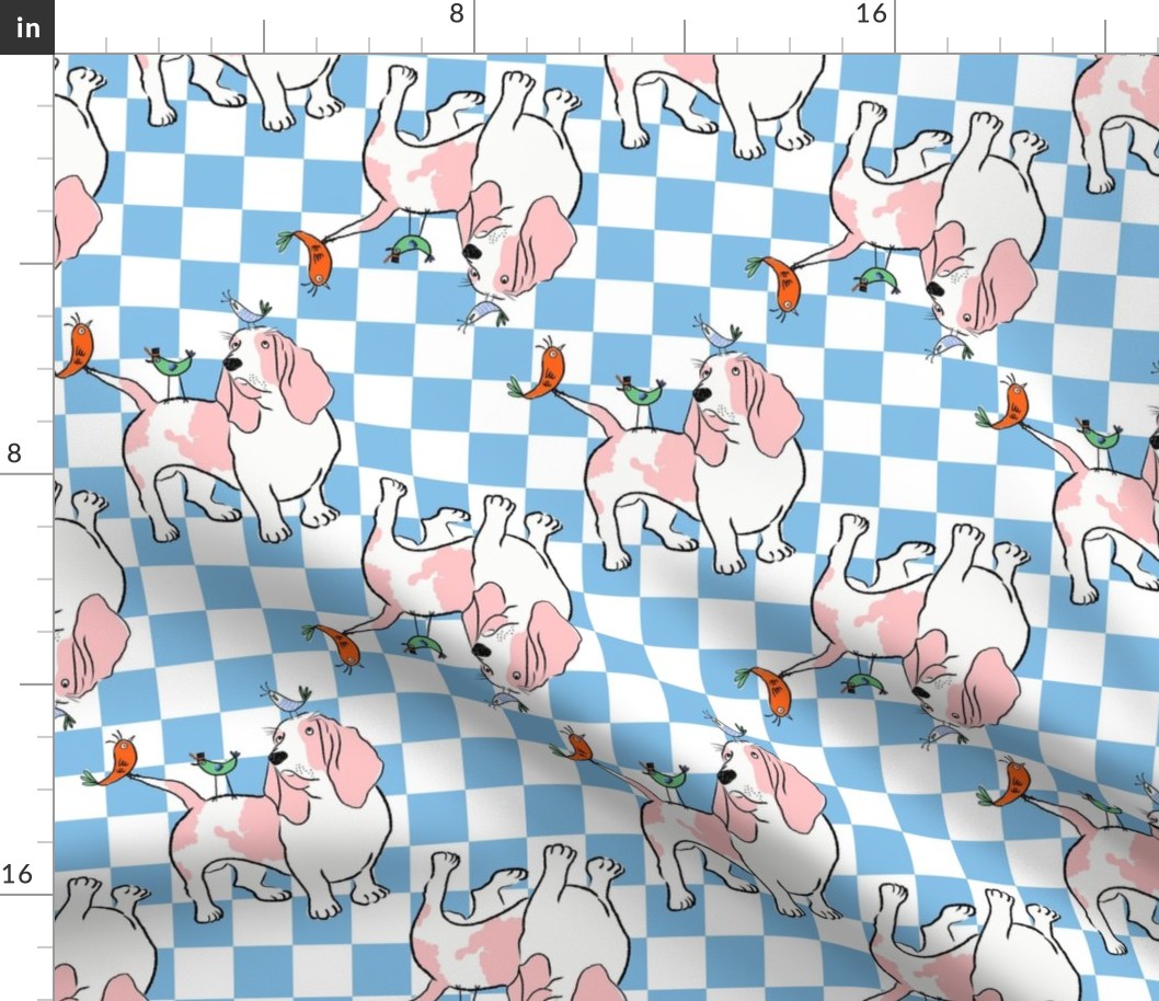 Medium - Funny Basset Hound with birds on light blue and white checkerboard - Pets Dogs - dog check