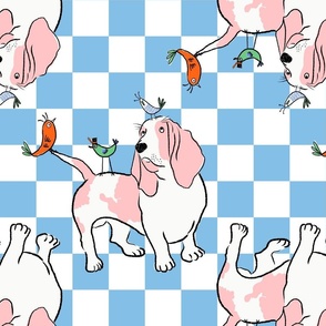 Large - Funny Basset Hound with birds on light blue and white checkerboard - Pets Dogs - dog check