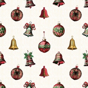 Christmas ornaments and bells on pattern, one direction