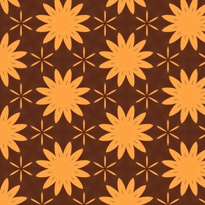 Retro 70s Yellow Orange Geometric Flowers on Brown Background