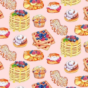 Hand drawn breakfast treats, pancakes, waffles, muffins and danish on peach medium scale