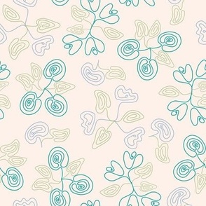Curves and Contours of Abstract Flowers and Leaves on a Salmon-Colored Background